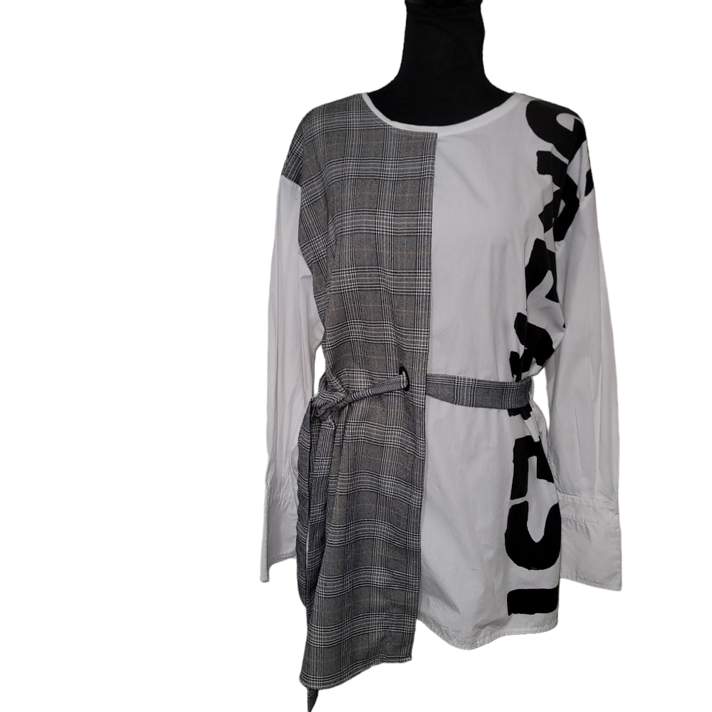 Zara Black and White Asymmetrical Long Sleeve Blouse